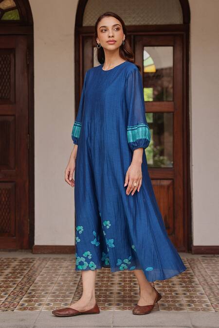 Shop_Vaayu_Blue Muslin, Cotton Applique Round Neck Indigo Pintuck Dress _Online_at_Aza_Fashions
