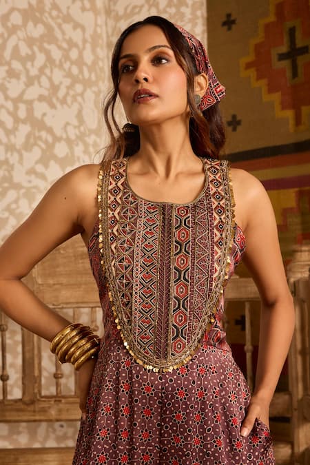 Buy_Akashi Clothing_Brown Modal, Satin Embroidery, Beads Round Neck Ajrakh Hand Block Print Jumpsuit _Online_at_Aza_Fashions