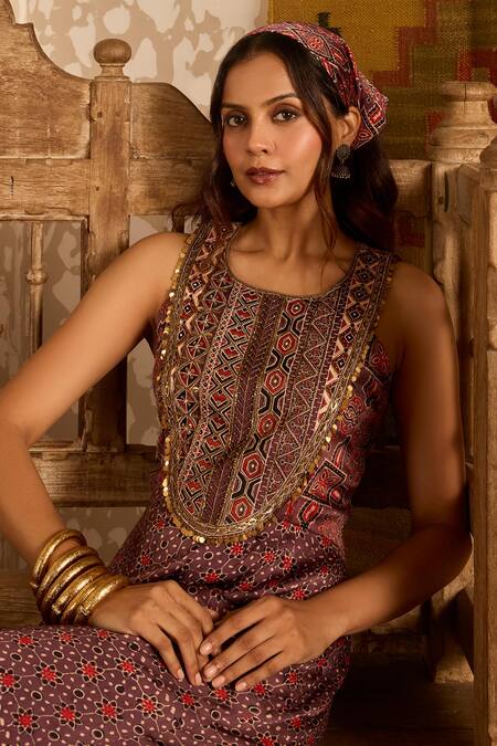 Shop_Akashi Clothing_Brown Modal, Satin Embroidery, Beads Round Neck Ajrakh Hand Block Print Jumpsuit _Online_at_Aza_Fashions