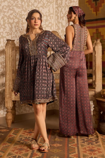 Akashi Clothing_Brown Modal, Satin Embroidery, Beads Round Neck Ajrakh Hand Block Print Jumpsuit _at_Aza_Fashions