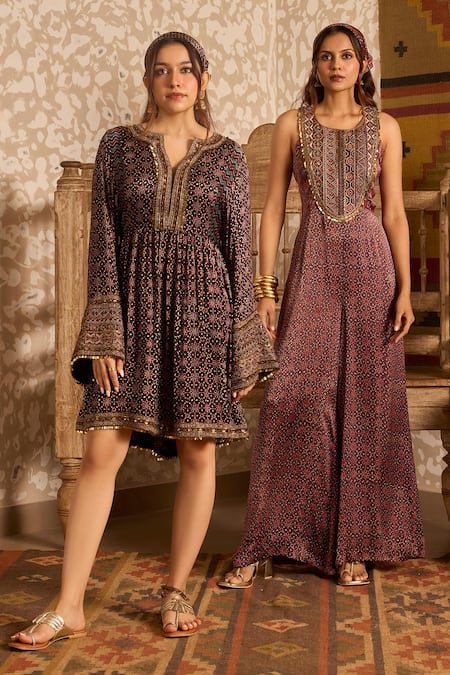 Buy_Akashi Clothing_Brown Modal, Satin Embroidery, Beads Round Neck Ajrakh Hand Block Print Jumpsuit 