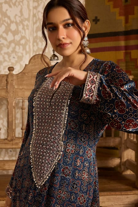 Akashi Clothing Blue Modal, Satin Beads, Embroidery Ajrakh Hand Block Print Kurta And Palazzo Set Online at Aza Fashions Akashi Clothing_Blue Modal, Satin Beads, Embroidery Ajrakh Hand Block Print Kurta And Palazzo Set _Online_at_Aza_Fashions
