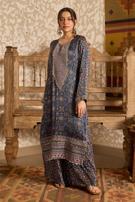 Buy Akashi Clothing Blue Modal, Satin Beads, Embroidery Ajrakh Hand Block Print Kurta And Palazzo Set Online at Aza Fashions Buy_Akashi Clothing_Blue Modal, Satin Beads, Embroidery Ajrakh Hand Block Print Kurta And Palazzo Set _Online_at_Aza_Fashions