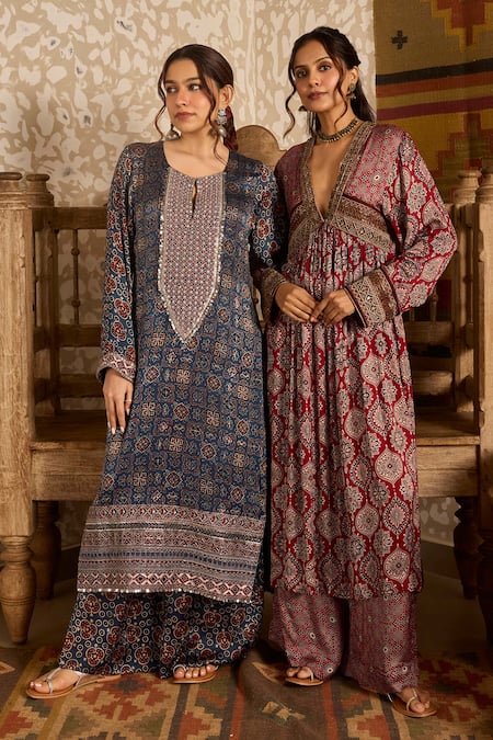 Shop Akashi Clothing Blue Modal, Satin Beads, Embroidery Ajrakh Hand Block Print Kurta And Palazzo Set Online at Aza Fashions Shop_Akashi Clothing_Blue Modal, Satin Beads, Embroidery Ajrakh Hand Block Print Kurta And Palazzo Set _Online_at_Aza_Fashions