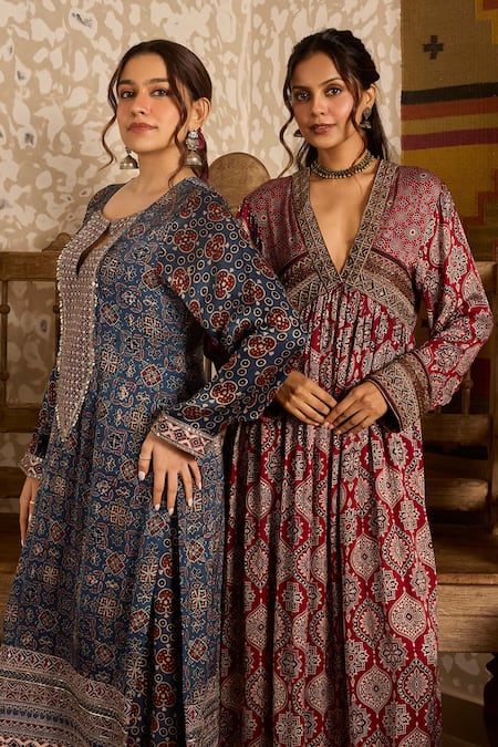 Akashi Clothing Blue Modal, Satin Beads, Embroidery Ajrakh Hand Block Print Kurta And Palazzo Set at Aza Fashions Akashi Clothing_Blue Modal, Satin Beads, Embroidery Ajrakh Hand Block Print Kurta And Palazzo Set _at_Aza_Fashions