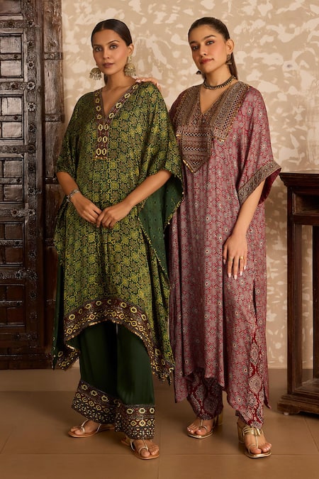 Shop_Akashi Clothing_Green Modal, Satin Embroidery, Chains V-neck Ajrakh Dual Print Kaftan And Pant Set _Online_at_Aza_Fashions