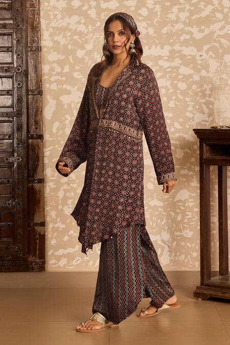 Akashi Clothing_Black Modal, Satin Embroidery, Metallic Ajrakh Print Jacket Cowl Pant Set _Online_at_Aza_Fashions