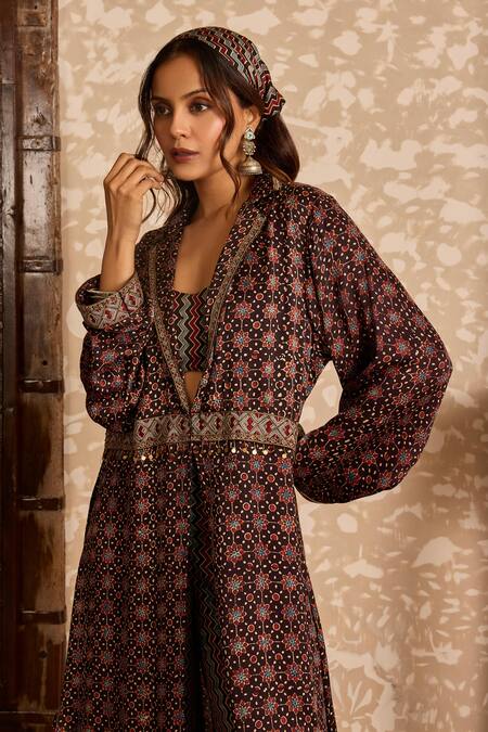 Buy_Akashi Clothing_Black Modal, Satin Embroidery, Metallic Ajrakh Print Jacket Cowl Pant Set _Online_at_Aza_Fashions