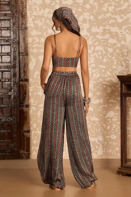 Shop_Akashi Clothing_Black Modal, Satin Embroidery, Metallic Ajrakh Print Jacket Cowl Pant Set _Online_at_Aza_Fashions