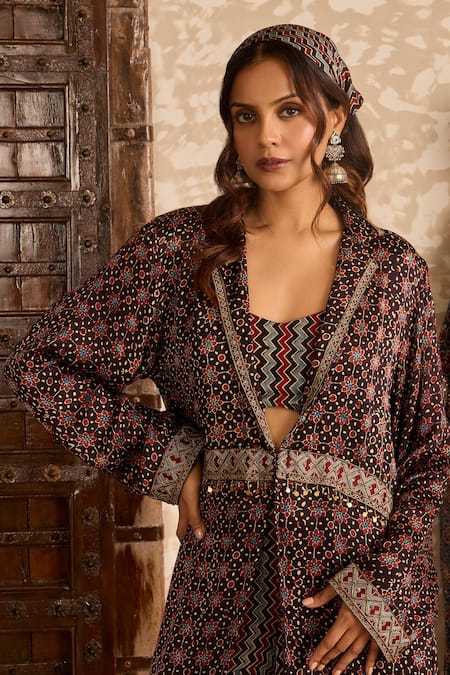 Buy_Akashi Clothing_Black Modal, Satin Embroidery, Metallic Ajrakh Print Jacket Cowl Pant Set 