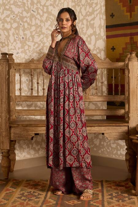 Akashi Clothing_Red Modal, Satin Embroidery, Beads V-neck Ajrakh Dual Print Anarkali And Pant Set _Online_at_Aza_Fashions