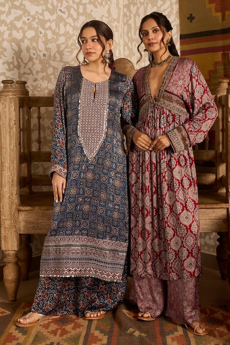 Shop_Akashi Clothing_Red Modal, Satin Embroidery, Beads V-neck Ajrakh Dual Print Anarkali And Pant Set _Online_at_Aza_Fashions