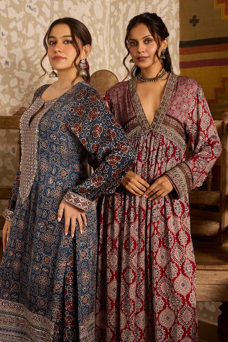 Akashi Clothing_Red Modal, Satin Embroidery, Beads V-neck Ajrakh Dual Print Anarkali And Pant Set _at_Aza_Fashions