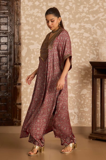 Akashi Clothing_Red Modal, Satin Embroidery, Sequins, Metallic Ajrakh Print Kaftan And Pant Set _Online_at_Aza_Fashions