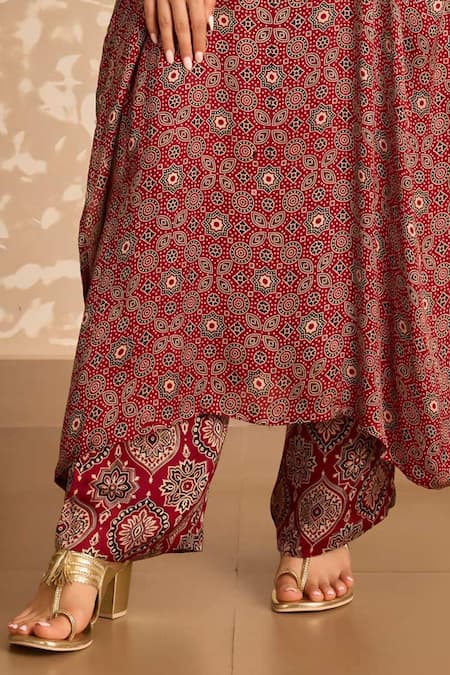 Buy_Akashi Clothing_Red Modal, Satin Embroidery, Sequins, Metallic Ajrakh Print Kaftan And Pant Set _Online_at_Aza_Fashions