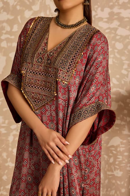 Akashi Clothing_Red Modal, Satin Embroidery, Sequins, Metallic Ajrakh Print Kaftan And Pant Set _at_Aza_Fashions