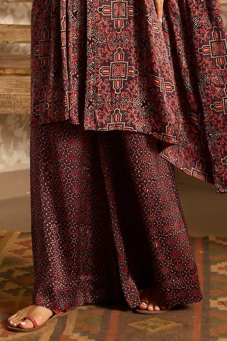 Akashi Clothing_Brown Modal, Satin Embroidery, Beads, Ajrakh Print Kaftan With Flared Pant _Online_at_Aza_Fashions