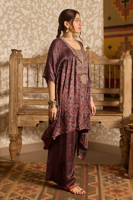 Buy_Akashi Clothing_Brown Modal, Satin Embroidery, Beads, Ajrakh Print Kaftan With Flared Pant _Online_at_Aza_Fashions