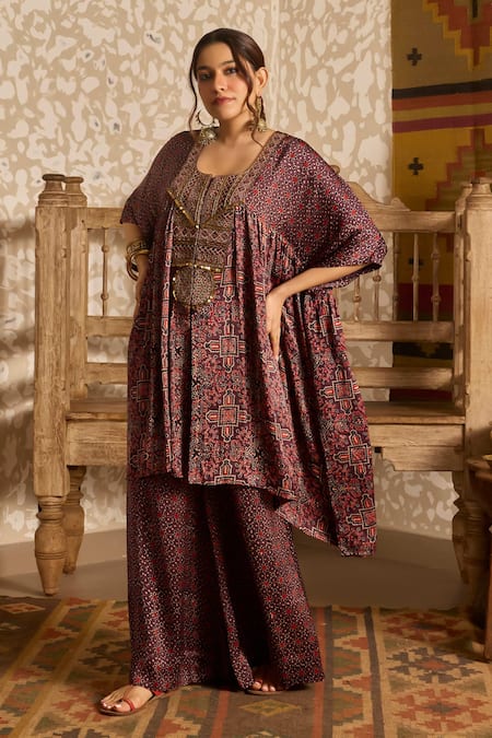 Shop_Akashi Clothing_Brown Modal, Satin Embroidery, Beads, Ajrakh Print Kaftan With Flared Pant _Online_at_Aza_Fashions
