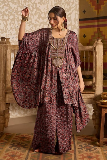 Akashi Clothing Ajrakh Print Embroidered Kaftan With Flared Pant 
