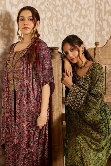 Akashi Clothing_Brown Modal, Satin Embroidery, Beads, Ajrakh Print Kaftan With Flared Pant _at_Aza_Fashions