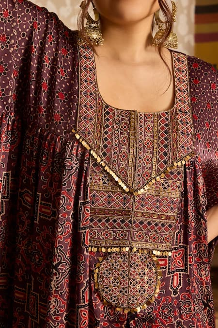 Shop_Akashi Clothing_Brown Modal, Satin Embroidery, Beads, Ajrakh Print Kaftan With Flared Pant 