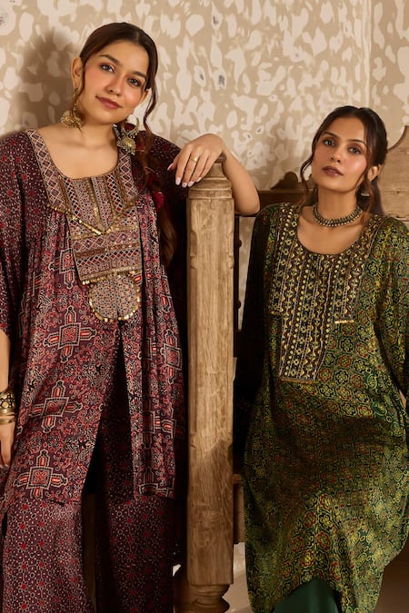 Buy Akashi Clothing Green Modal, Satin Embroidery Round Neck Ajrakh Print Kurta And Palazzo Set Buy_Akashi Clothing_Green Modal, Satin Embroidery Round Neck Ajrakh Print Kurta And Palazzo Set