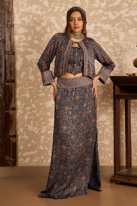 Akashi Clothing Ajrakh Print Jacket Skirt Set 