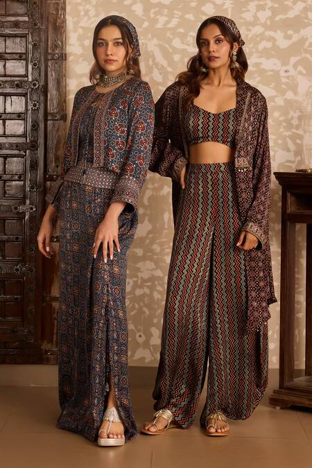 Buy_Akashi Clothing_Blue Modal, Satin Embroidery, Sequins Open Neck, Ajrakh Print Jacket Skirt Set 
