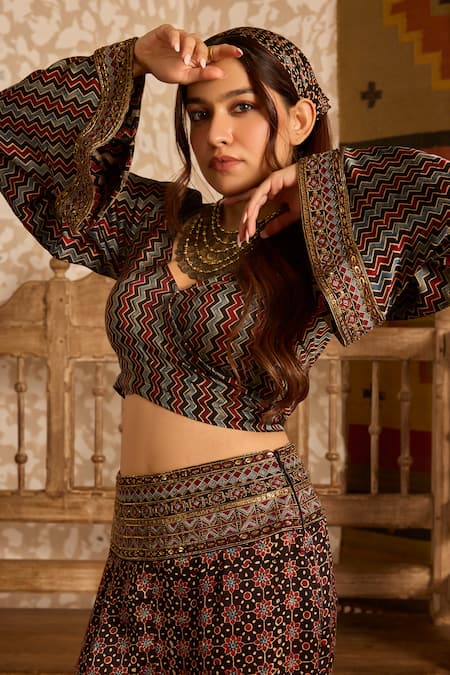 Shop_Akashi Clothing_Black Modal, Satin Embroidery, Metallic Ajrakh Print Crop Top And Palazzo Set _Online_at_Aza_Fashions
