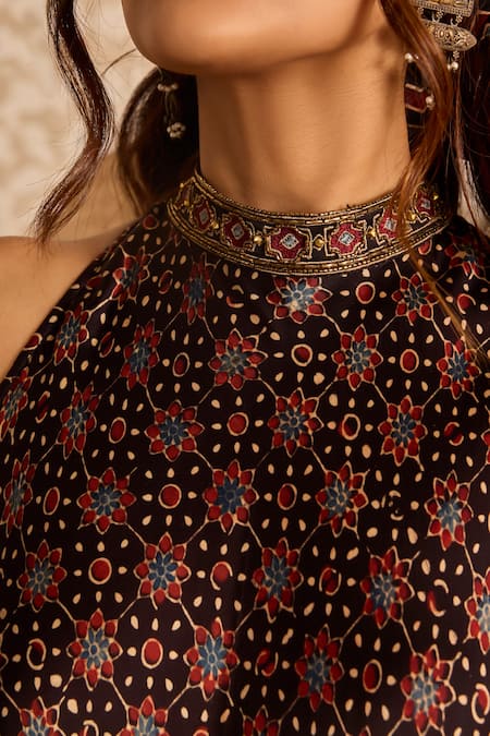 Akashi Clothing_Black Modal, Satin Embroidery Halter Neck Ajrakh Print Kurta And Sharara Set _Online_at_Aza_Fashions