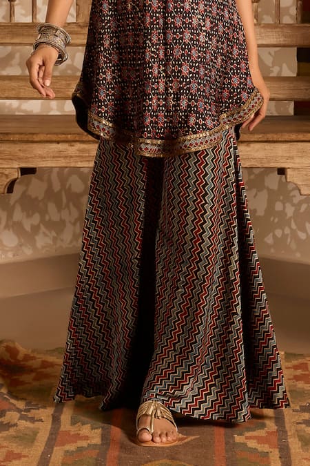 Buy_Akashi Clothing_Black Modal, Satin Embroidery Halter Neck Ajrakh Print Kurta And Sharara Set _Online_at_Aza_Fashions