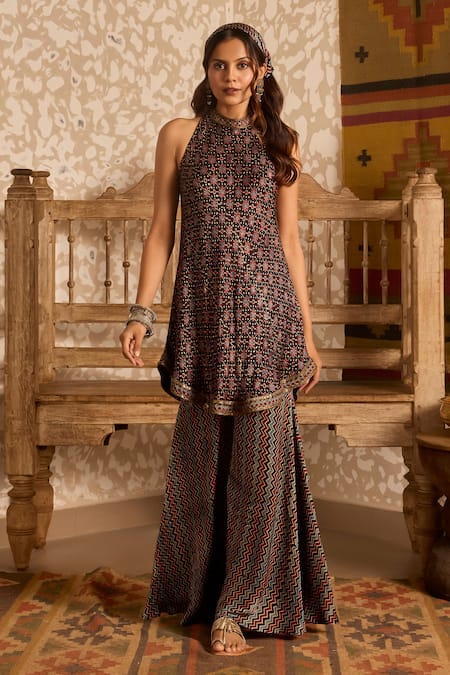 Shop_Akashi Clothing_Black Modal, Satin Embroidery Halter Neck Ajrakh Print Kurta And Sharara Set _Online_at_Aza_Fashions