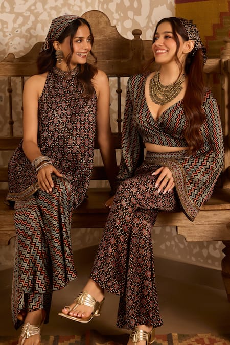 Buy_Akashi Clothing_Black Modal, Satin Embroidery Halter Neck Ajrakh Print Kurta And Sharara Set 