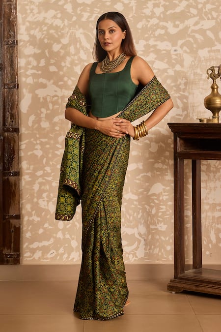 Buy_Akashi Clothing_Green Modal, Satin Embroidery, Zari Ajrakh Printed Saree With Corset Blouse _Online_at_Aza_Fashions