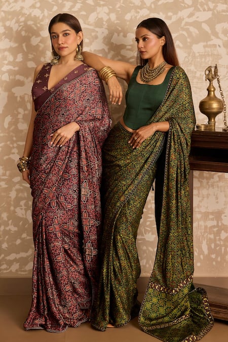 Shop_Akashi Clothing_Green Modal, Satin Embroidery, Zari Ajrakh Printed Saree With Corset Blouse _Online_at_Aza_Fashions