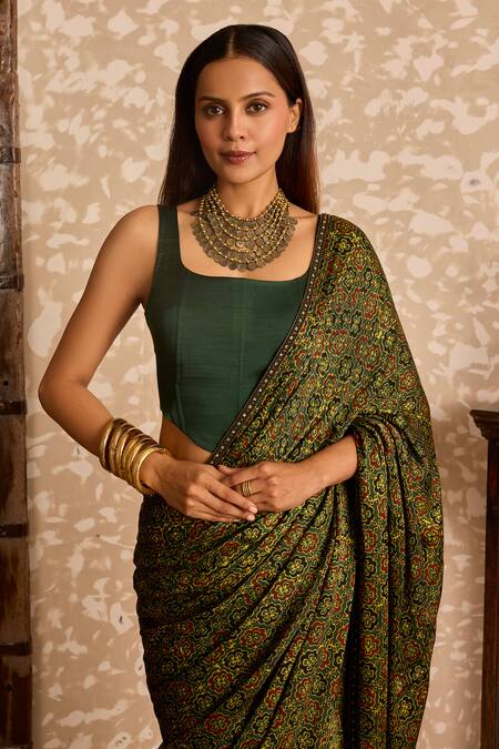 Akashi Clothing_Green Modal, Satin Embroidery, Zari Ajrakh Printed Saree With Corset Blouse _at_Aza_Fashions