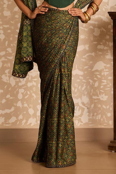 Buy_Akashi Clothing_Green Modal, Satin Embroidery, Zari Ajrakh Printed Saree With Corset Blouse 