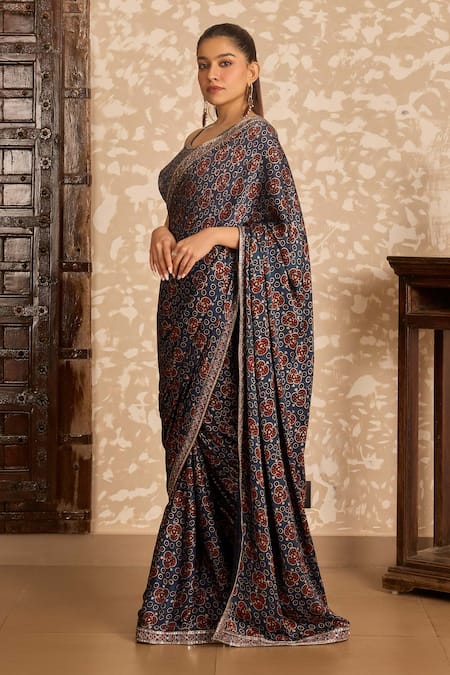 Akashi Clothing Blue Modal, Satin Embroidery, Metallic Thread Ajrakh Printed Saree With Blouse Online at Aza Fashions Akashi Clothing_Blue Modal, Satin Embroidery, Metallic Thread Ajrakh Printed Saree With Blouse _Online_at_Aza_Fashions
