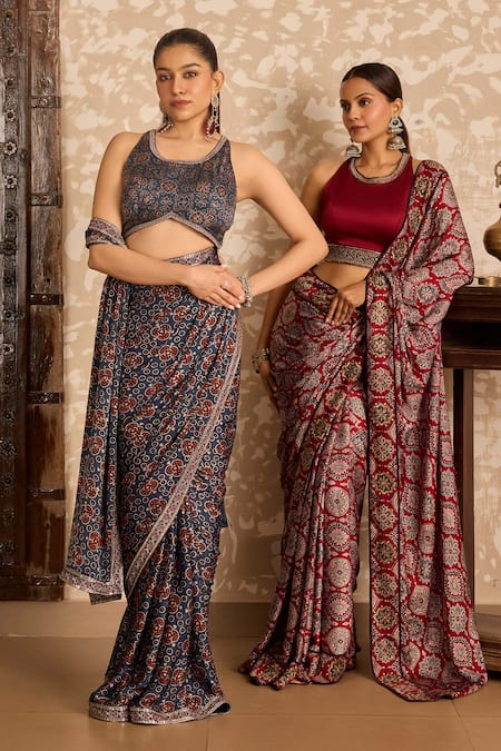 Buy Akashi Clothing Blue Modal, Satin Embroidery, Metallic Thread Ajrakh Printed Saree With Blouse Online at Aza Fashions Buy_Akashi Clothing_Blue Modal, Satin Embroidery, Metallic Thread Ajrakh Printed Saree With Blouse _Online_at_Aza_Fashions