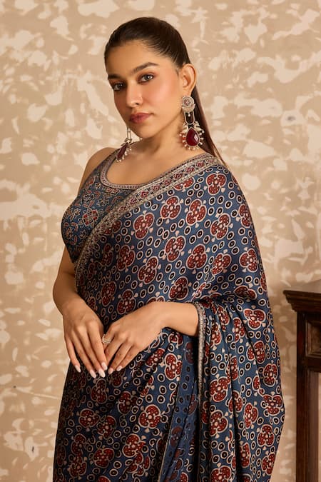 Shop Akashi Clothing Blue Modal, Satin Embroidery, Metallic Thread Ajrakh Printed Saree With Blouse Online at Aza Fashions Shop_Akashi Clothing_Blue Modal, Satin Embroidery, Metallic Thread Ajrakh Printed Saree With Blouse _Online_at_Aza_Fashions