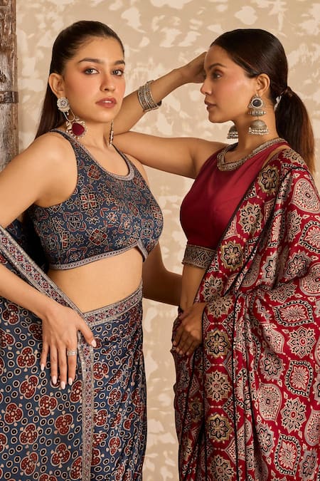Akashi Clothing Blue Modal, Satin Embroidery, Metallic Thread Ajrakh Printed Saree With Blouse at Aza Fashions Akashi Clothing_Blue Modal, Satin Embroidery, Metallic Thread Ajrakh Printed Saree With Blouse _at_Aza_Fashions
