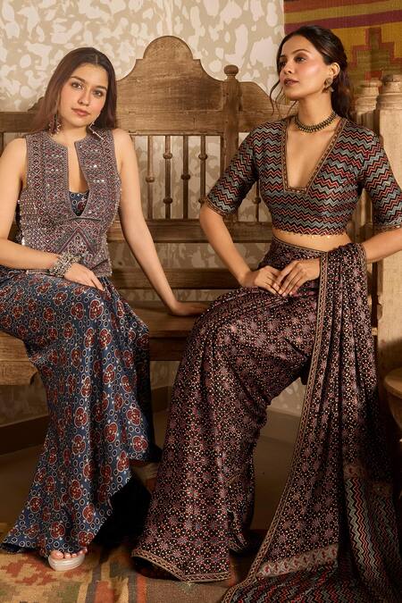 Shop_Akashi Clothing_Black Modal, Satin Embroidery, Metallic Thread, Ajrakh Print Saree With Blouse _Online_at_Aza_Fashions