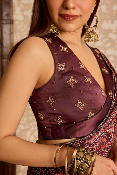 Akashi Clothing_Brown Modal, Satin Embroidery, Stones V-neck Ajrakh Print Saree With Blouse _Online_at_Aza_Fashions