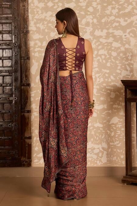 Akashi Clothing Ajrakh Print Saree With Embroidered Blouse 