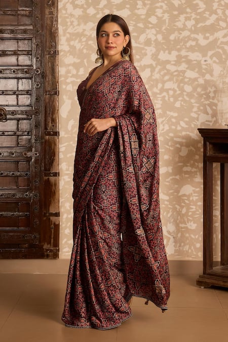 Buy_Akashi Clothing_Brown Modal, Satin Embroidery, Stones V-neck Ajrakh Print Saree With Blouse _Online_at_Aza_Fashions