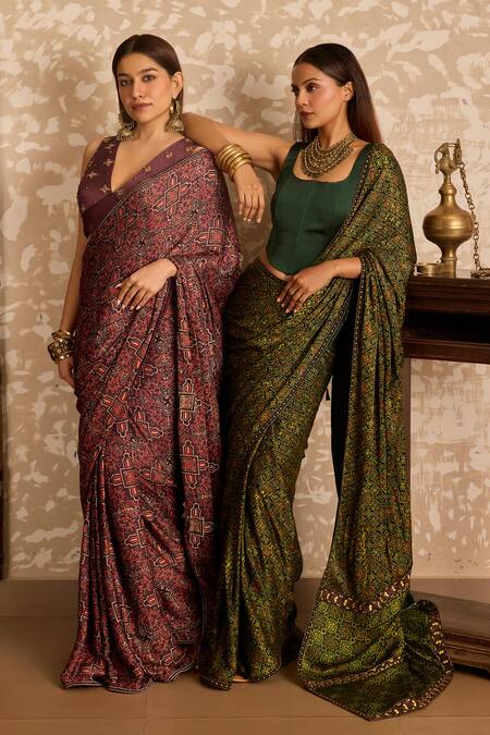 Shop_Akashi Clothing_Brown Modal, Satin Embroidery, Stones V-neck Ajrakh Print Saree With Blouse _Online_at_Aza_Fashions