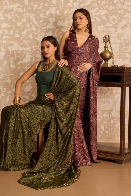 Akashi Clothing_Brown Modal, Satin Embroidery, Stones V-neck Ajrakh Print Saree With Blouse _at_Aza_Fashions