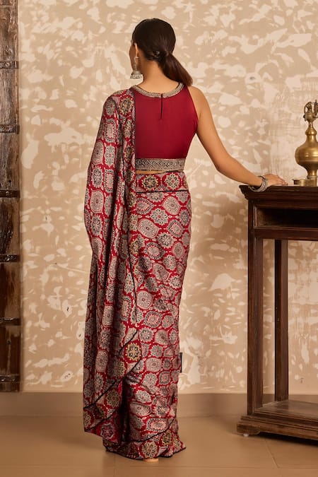 Akashi Clothing Ajrakh Print Saree With Embroidered Blouse 