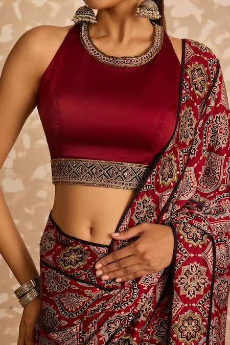 Akashi Clothing_Red Modal, Satin Embroidery Round Neck Ajrakh Print Saree With Blouse _Online_at_Aza_Fashions